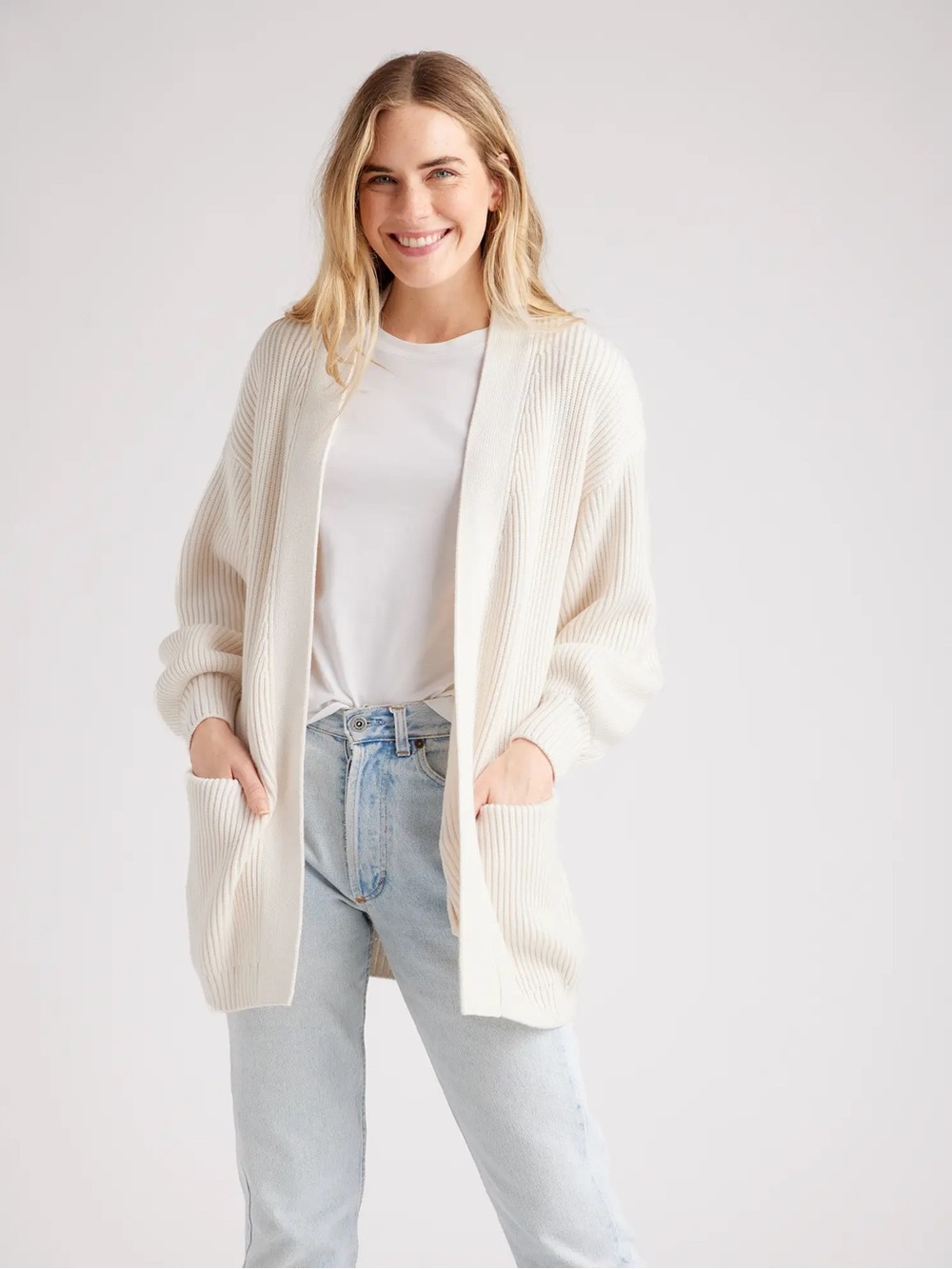 Quince 100% Organic Cotton Oversized Cardigan Ivory Open Front Pockets Small